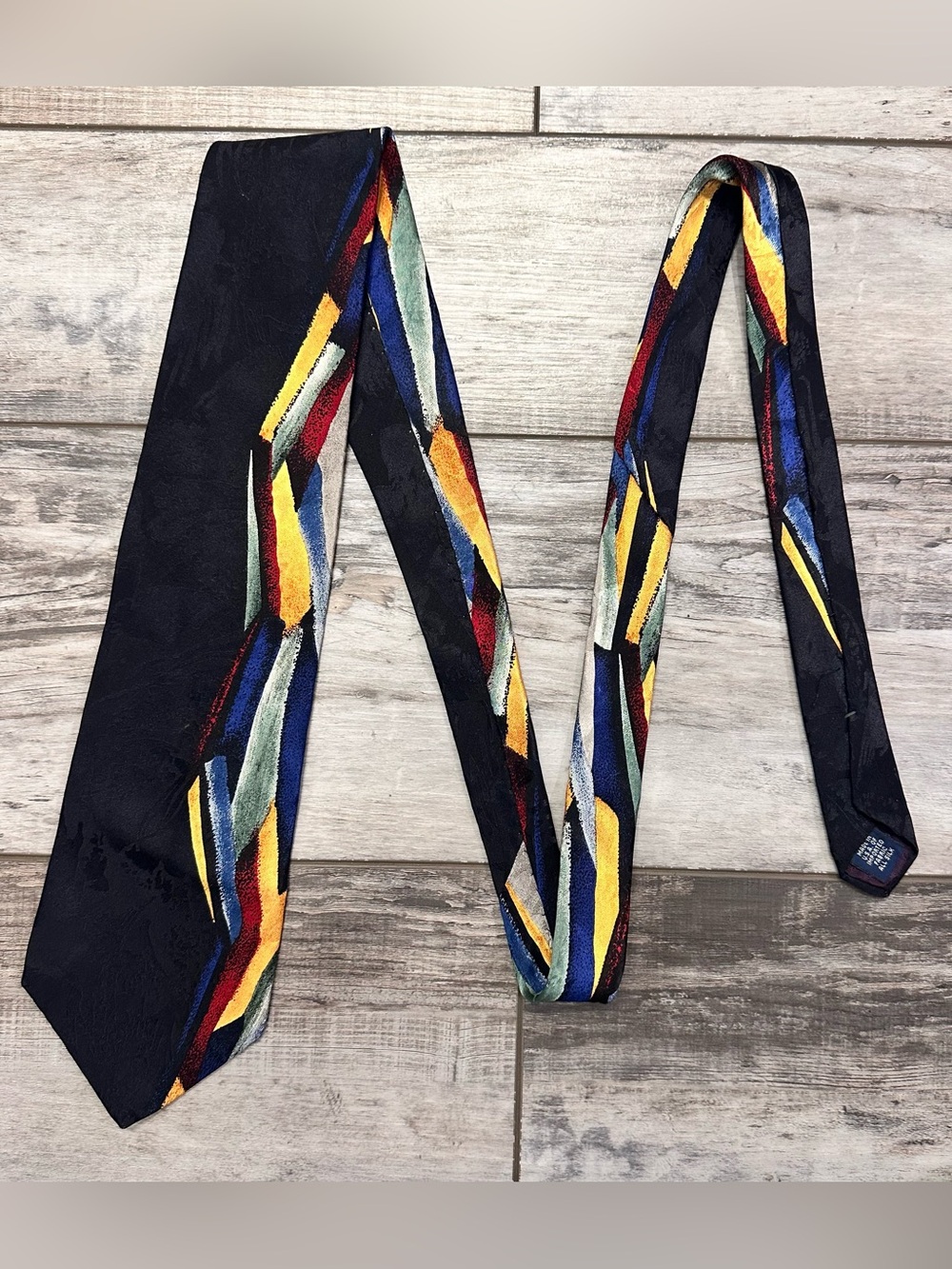 Men's Black Tie 100% silk with Multicolor Geometric Accents